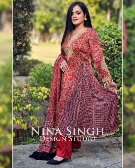 Modal Satin Ajrakh Red Print Suit, Kali design - Image 2