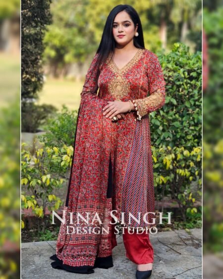 Modal Satin Ajrakh Red Print Suit, Kali design - Image 3