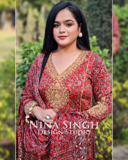 Modal Satin Ajrakh Red Print Suit, Kali design - Image 4