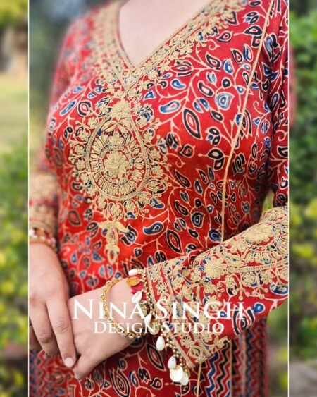 Modal Satin Ajrakh Red Print Suit, Kali design - Image 5