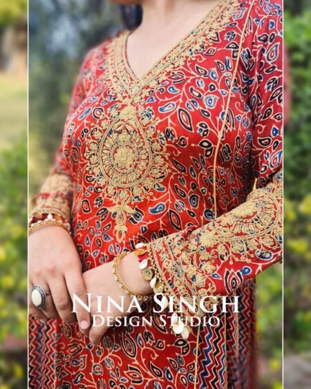 Modal Satin Ajrakh Red Print Suit, Kali design - Image 6