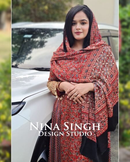 Modal Satin Ajrakh Red Print Suit, Kali design - Image 7